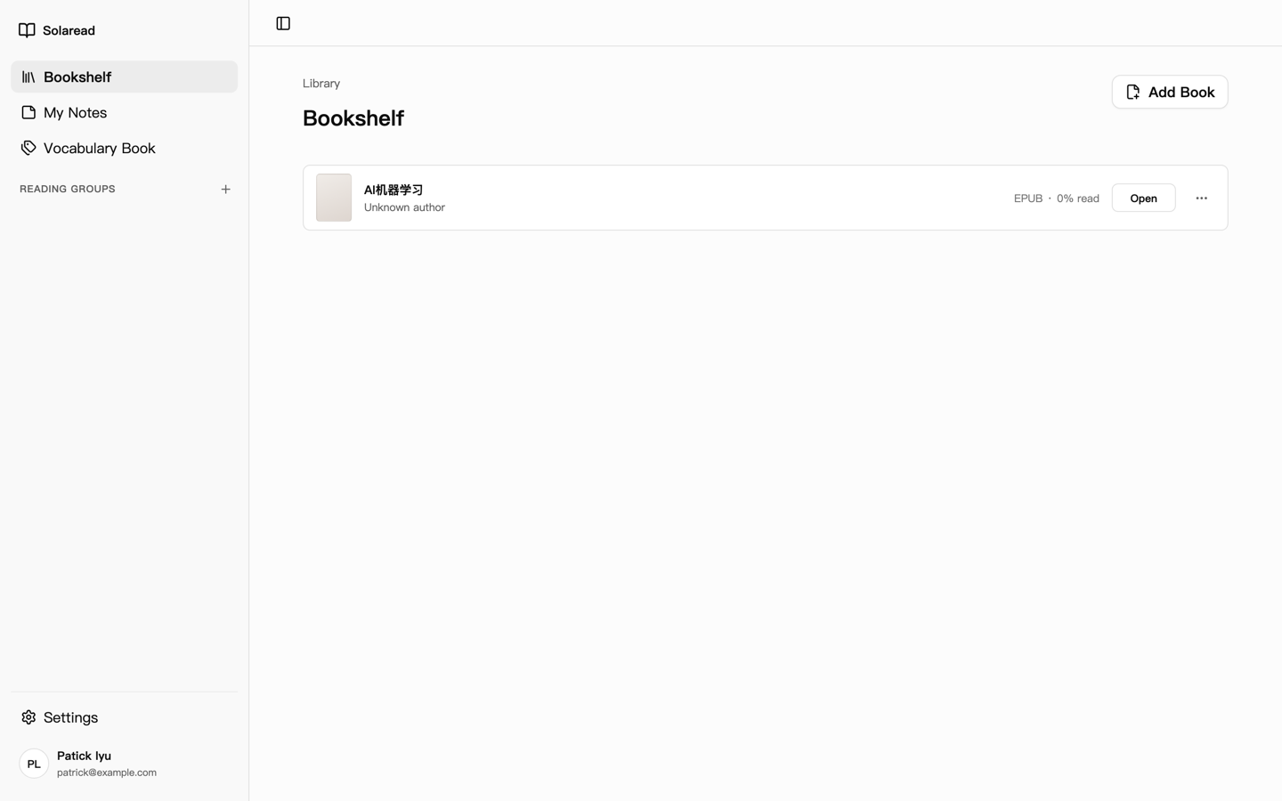 The Solaread bookshelf listing imported books with format and progress